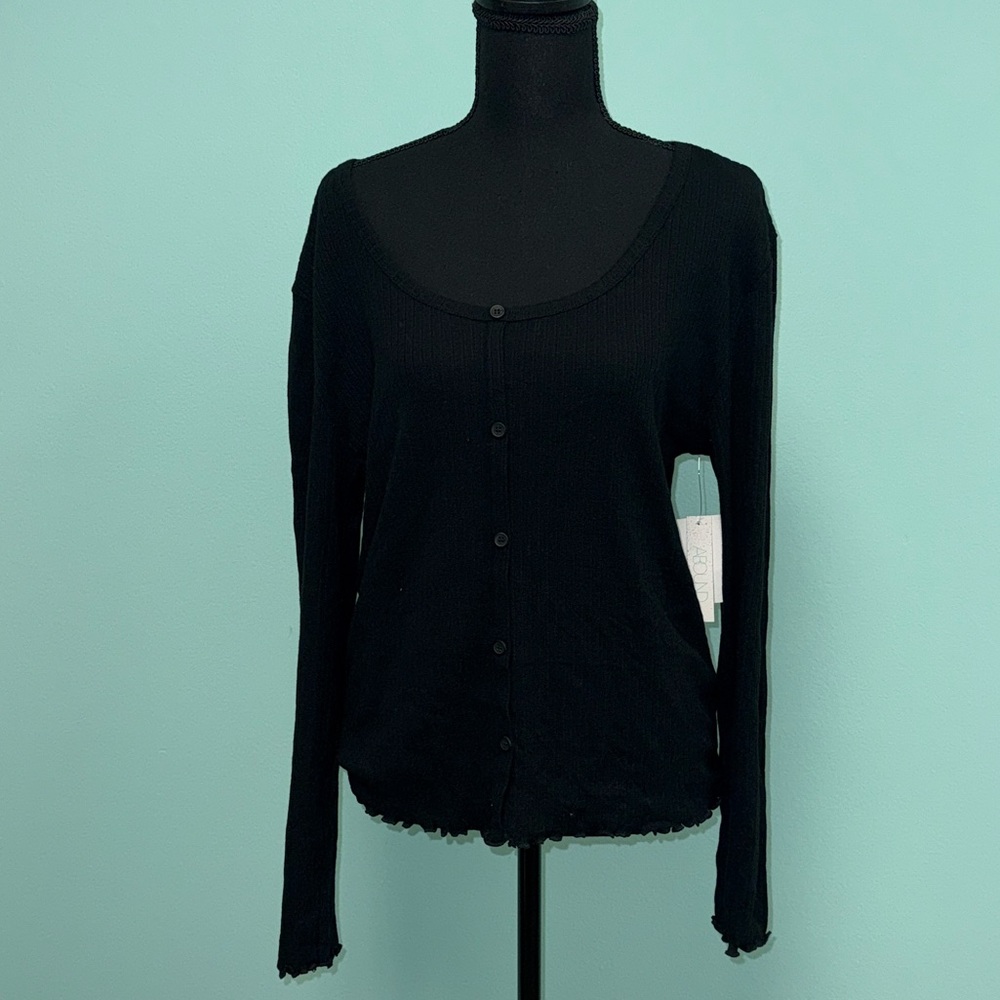 Abound Women's Button Front Long Sleeve Pointelle Knit Top size xl in black